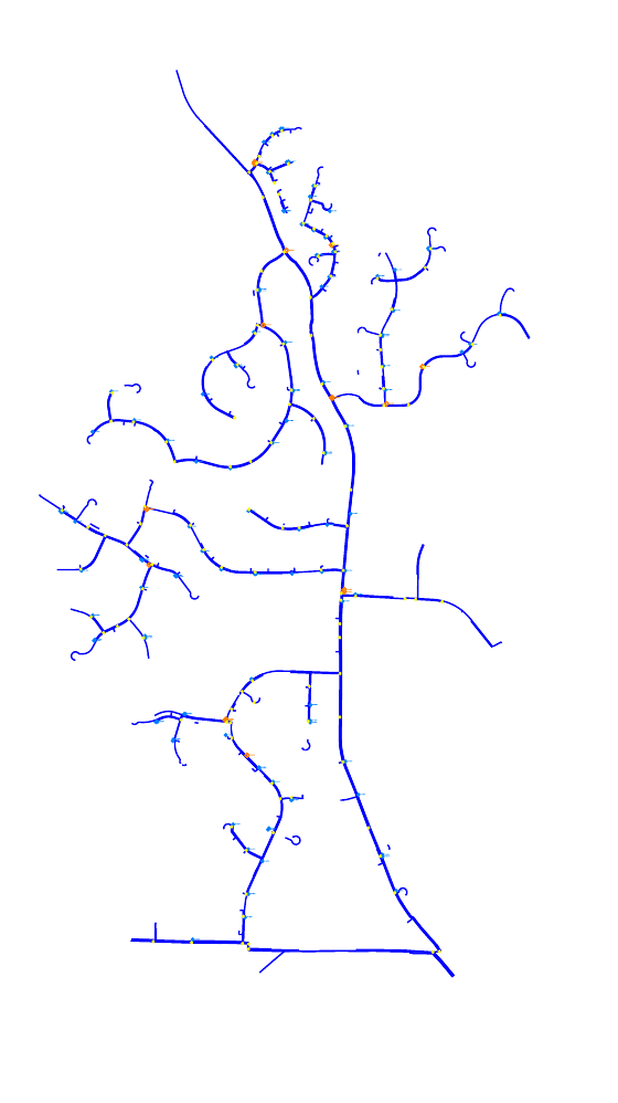 Vector route schematic of the same FTTH design: distribution tree with splitter and handhole placements